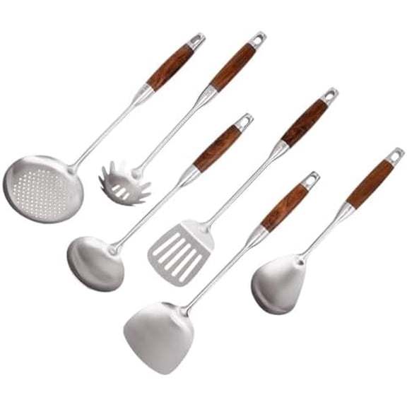 Kitchen Utensils Set with Wood Handle, 6 Pieces Stainless Steel Utensils Set, Metal Cooking Utensils Set, Non-Stick and Heat Resistant$$Home Decor, Kitchen, & Other