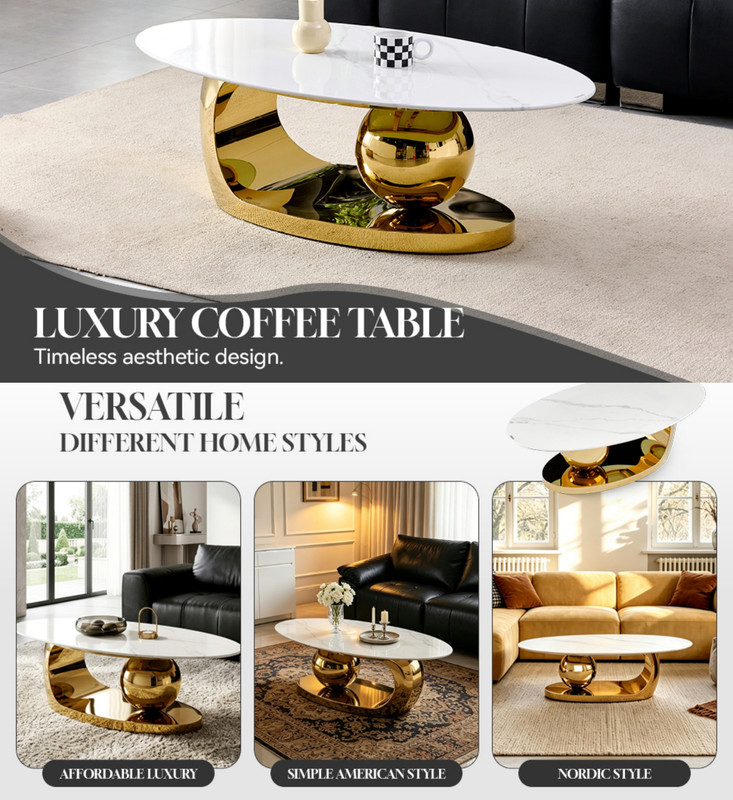 51.2-Inch Oval Faux Marble Top Center Coffee Table, Living Room End Table with C-Shaped Stainless Steel Base