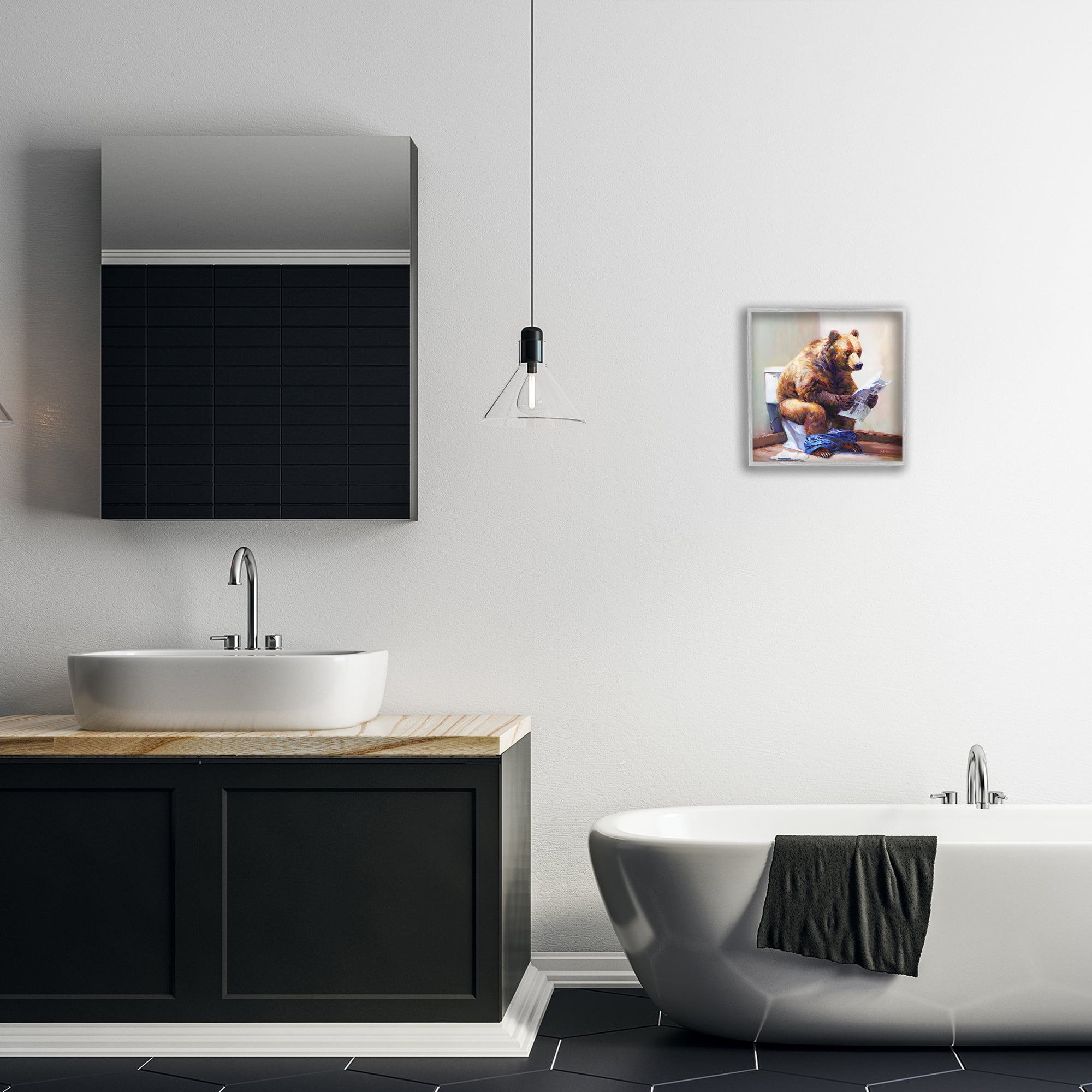 Stupell Industries Bathtub Bear with Graffiti Typography Painting Gray Framed Art Print Wall Art, 12 x 12