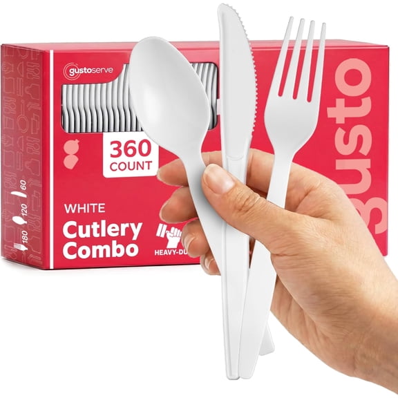 GUSTO Plastic Silverware Disposable Heavy-Duty Cutlery Set with Forks, Spoons & Knives, White, 360 Count