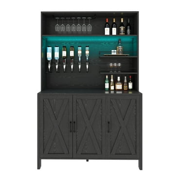Uforic Bar Cabinet with LED Lights and Wine Rack, Liquor Cabinet with Beverage Dispenser, Black