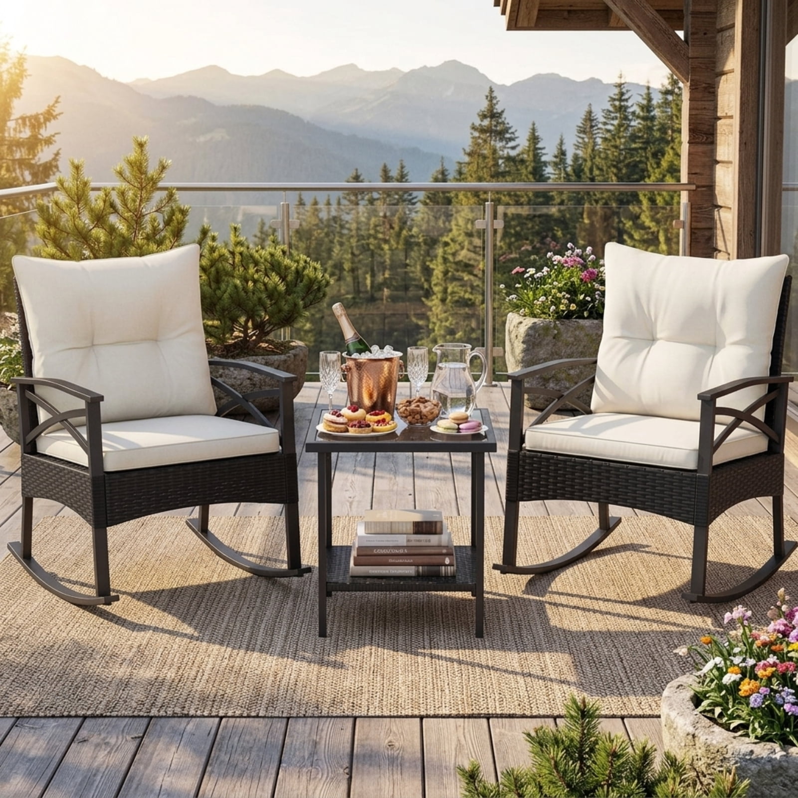 Furnibear Outdoor Metal Outdoor Rocking Chair for Porch Deck Balcony Natural/Black Finish 100 lbs Weather-Resistant Outdoor Furniture