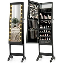 LOKO LED Mirror Jewelry Cabinet, Lockable Jewelry Organizer with 20 LED Lights, Full-Length Mirror, 4 Adjustable Angles, Built-in Mirror, Floor Standing Jewelry Armoire for Bedroom (Black)