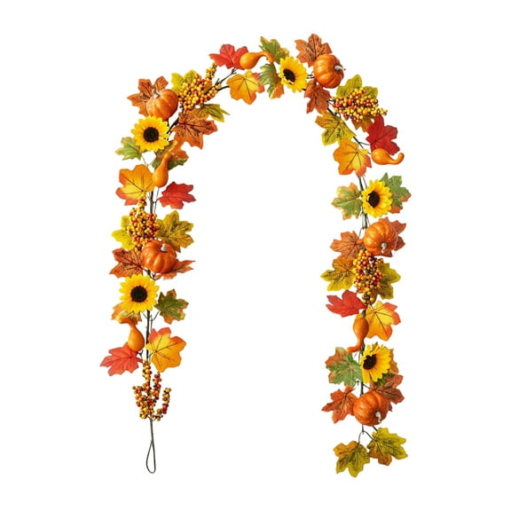Fall Halloween Garland, 71 Inch Faux Pumpkin Sunflower Berry Fall Vine, Artificial Maple Leaf Floral Décor, Front Door Porch Indoor Outdoor Home Decoration