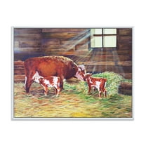 Designart 'Newborn Twin Calves With Cow At The Farm' Farmhouse Framed Canvas Wall Art Print