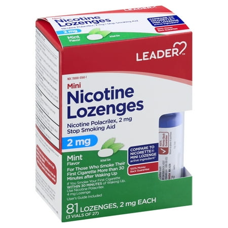 Leader Mini Nicotine Lozenges Polacrilex Stop Smoking Aid 2mg Mint Flavor 81 Count, 1 Ea
