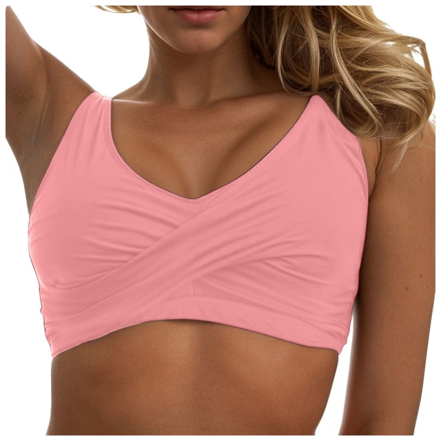 Huesdet Haut de Bikini pour Femmes Bretelles Spaghetti Réglables Haut de Maillot de Bain Col Rond Rembourré (Rose, m)