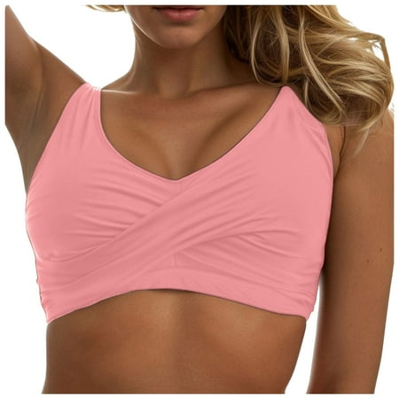 Hessimy Bikini Tops For Women V Neck Criss Cross Back Spaghetti Strap Padded Bathing Suit Swim Top Only(Z7-Pink XXL)