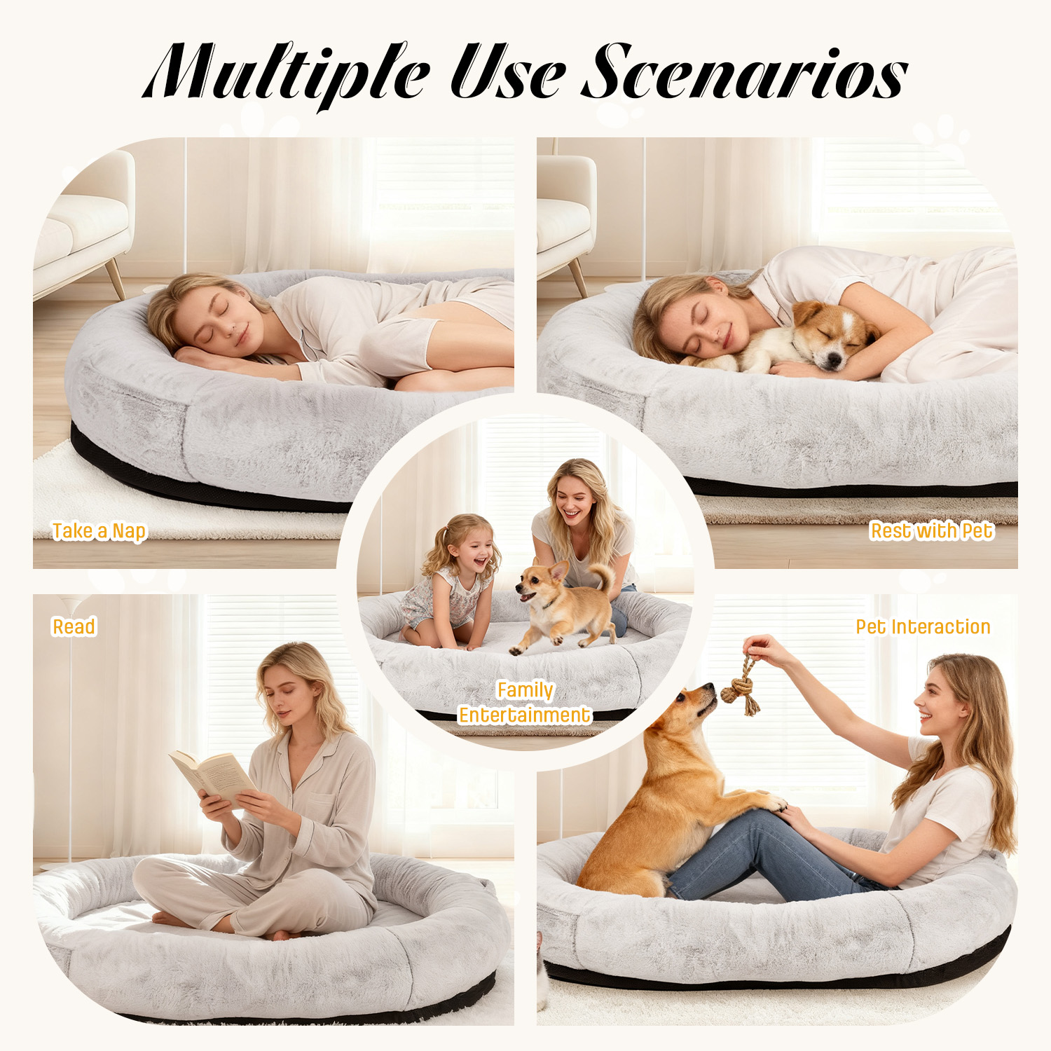 Hidpriva Human Dog Bed for Adults, 71" Extra Large Human-Sized Dog Bed, Washable Faux Fur with Blanket and Pillow, Gray