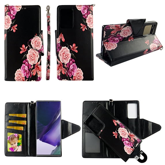 Flower Black Case for Samsung Galaxy Note 20 Magnetic Detachable Pu Leather Wallet Cover Flap Closure and Snap-on Book Style Cases Card Holders Wrist Strap 2 in 1 Folio