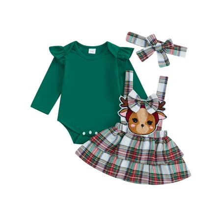 

Cenuakty Baby Girls Christmas Outfits Long Sleeve Romper + Plaid Suspender Skirt + Headband Set Newborn Clothes