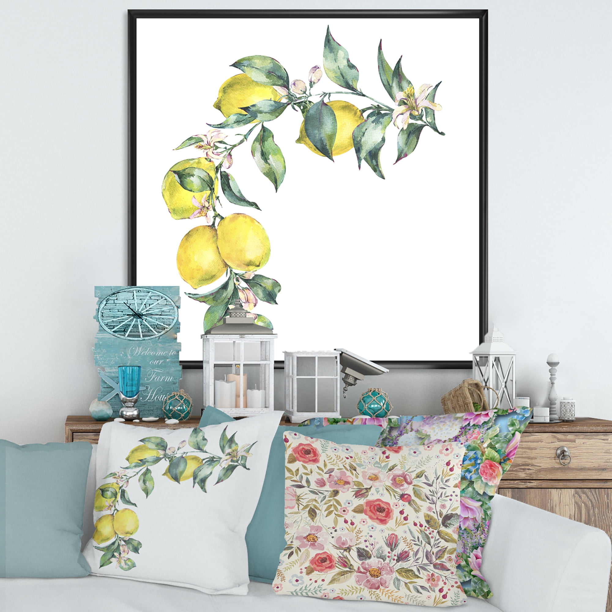 Designart 'Branch of Leaves and Yellow Lemons II' Tropical Framed Canvas Wall Art Print