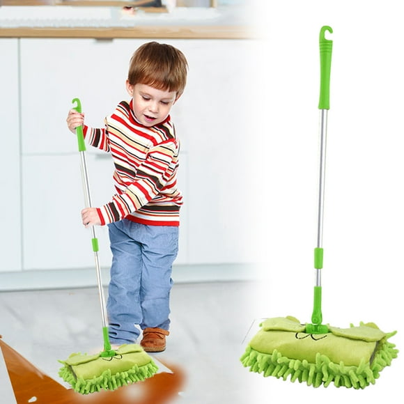 Mini trapeador plano de microfibra para niños | Cabezal desmontable y giratorio de 360 grados | Mango extensible para niños pequeños | Juguete de limpieza para montar en la pared
