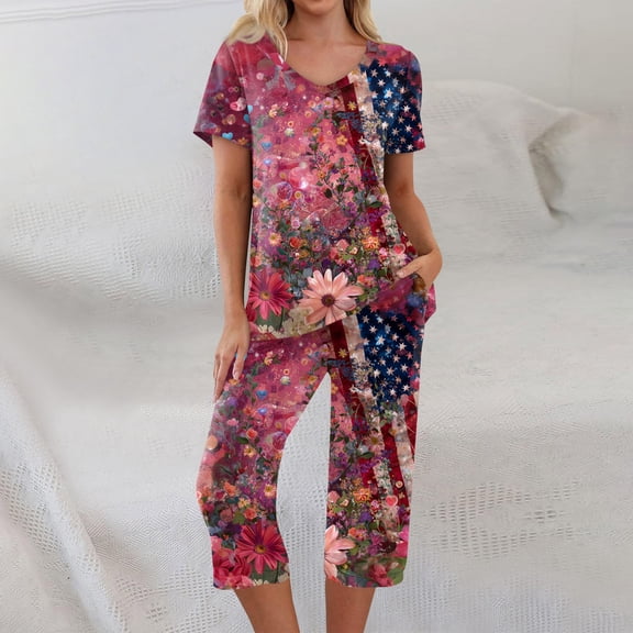 4th of July Women's Pajama Set 2 Pieces Soft Comfy Pajamas Red Blue Flag and Star Print Short Sleeve Capri Pants Pjs Set with Pockets