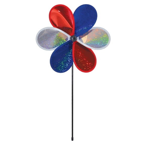 In the Breeze 2886 — 6-Petal Mylar Patriot Sparkle Flower Spinner, 12-Inch — Colorful Red, White & Blue Wind Spinner