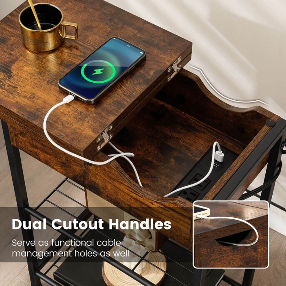 Finihen End Table, Side End Table with Charging Station Flip-Up Top, Sofa Side Table, Bed Side Table, for Living Room, Bedroom, Rustic Brown Finihen End Table, Side End Table with Charging Station Flip-Up Top, Sofa Side Table, Bed Side Table, for Living Room, Bedroom, Rustic Brown