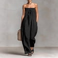 thumbnail image 6 of Women's Strapless Tube Jumpsuit, Adjustable Tie Front Bodice Wide Leg Outfit, Cotton Linen Blend Summer Casual Beachwear, Resort and Vacation Jumpsuit for Women​-Black, 6 of 7