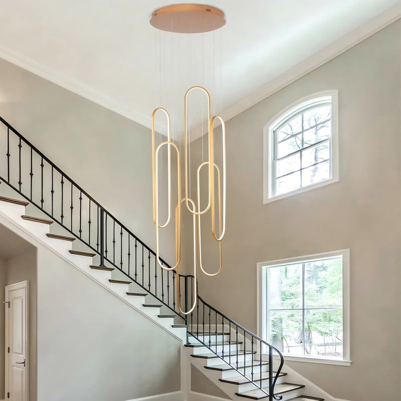 Modern 6-Ring Gold LED Chandelier, Large Dimmable Pendant Light with Remote, Adjustable Height Ceiling Fixture for High Ceilings, Dining Room, Foyer