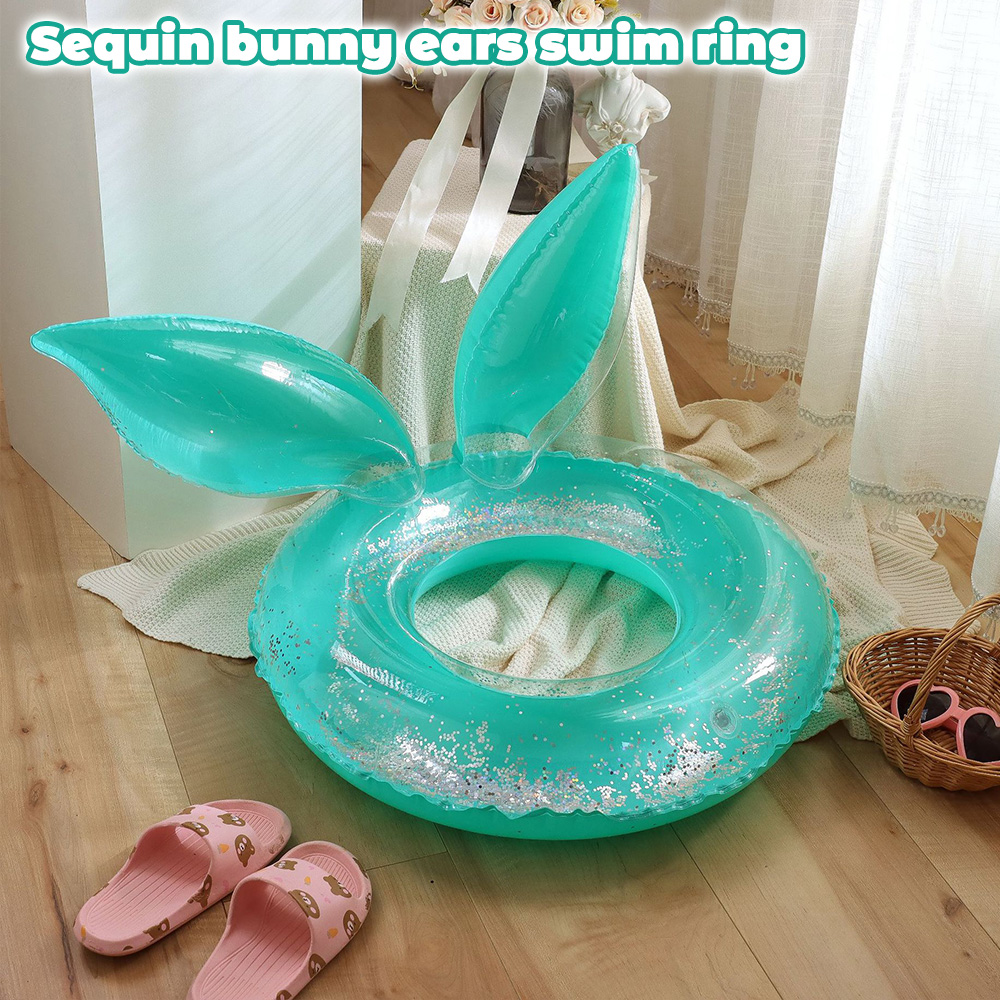 Inflatable Swim Ring Rabbit Ears Shape with Sequins for Adult Swimming
