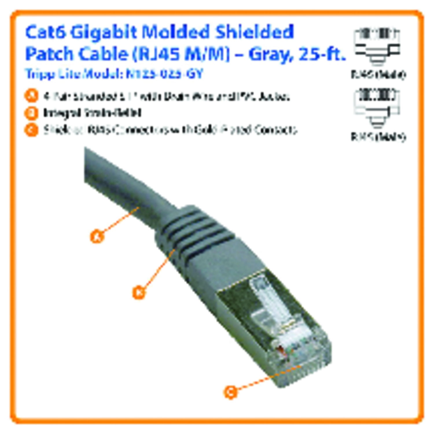 Tripp Lite by Eaton CAT-6 Gigabit Molded Shielded FTP Ethernet Cable, 25-Ft., Gray, N125-025-GY