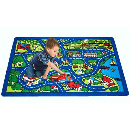 5 Ft Round Rug Mybecca Kids Rug Street Map in Blue 3' x 5' Children Area Rug for Playroom & Nursery - Non Skid Gel Backing 39