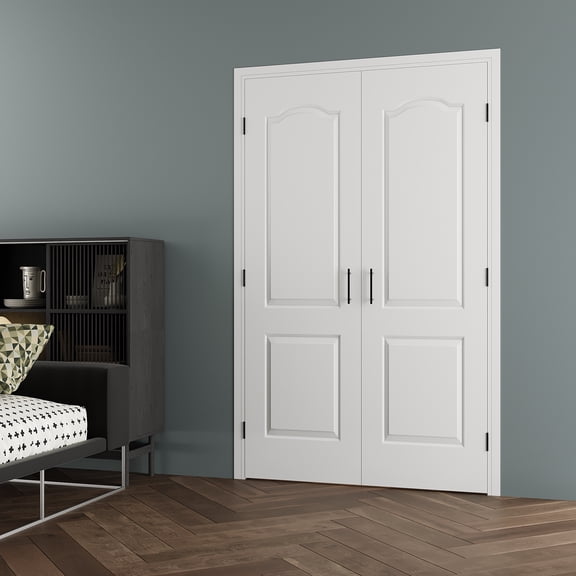 48" x 80" Arch Top 2 Panel Double Doors with French Door Ready-to-Assemble Jamb, Molded Solid Core Door, Black Ball Catch, Interior Door, Pre-finished & Paintable, White