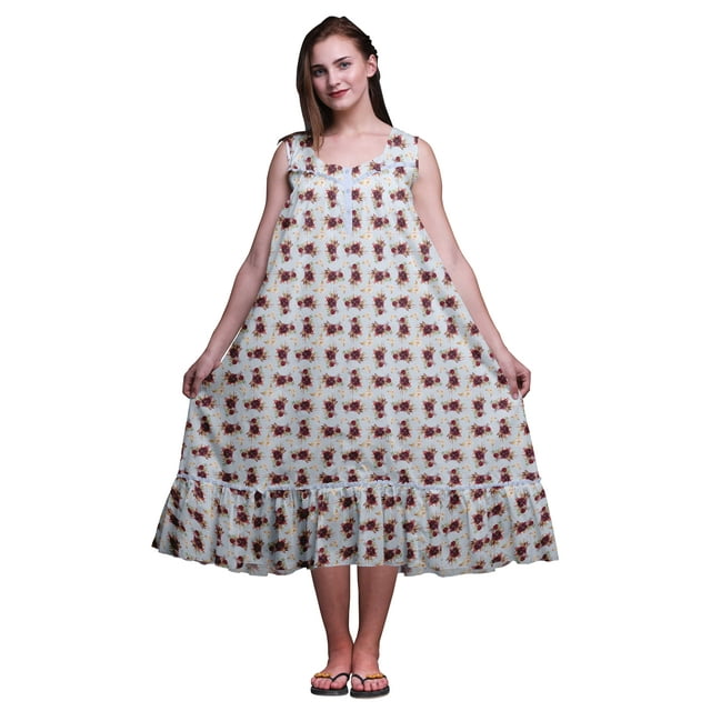 Bimba Robe de Nuit Sans Manches Bleu Lavande Clair à Feuilles Florales et Roses pour Femmes, Coton Imprimé, Vêtement de Nuit pour Dames, Petite