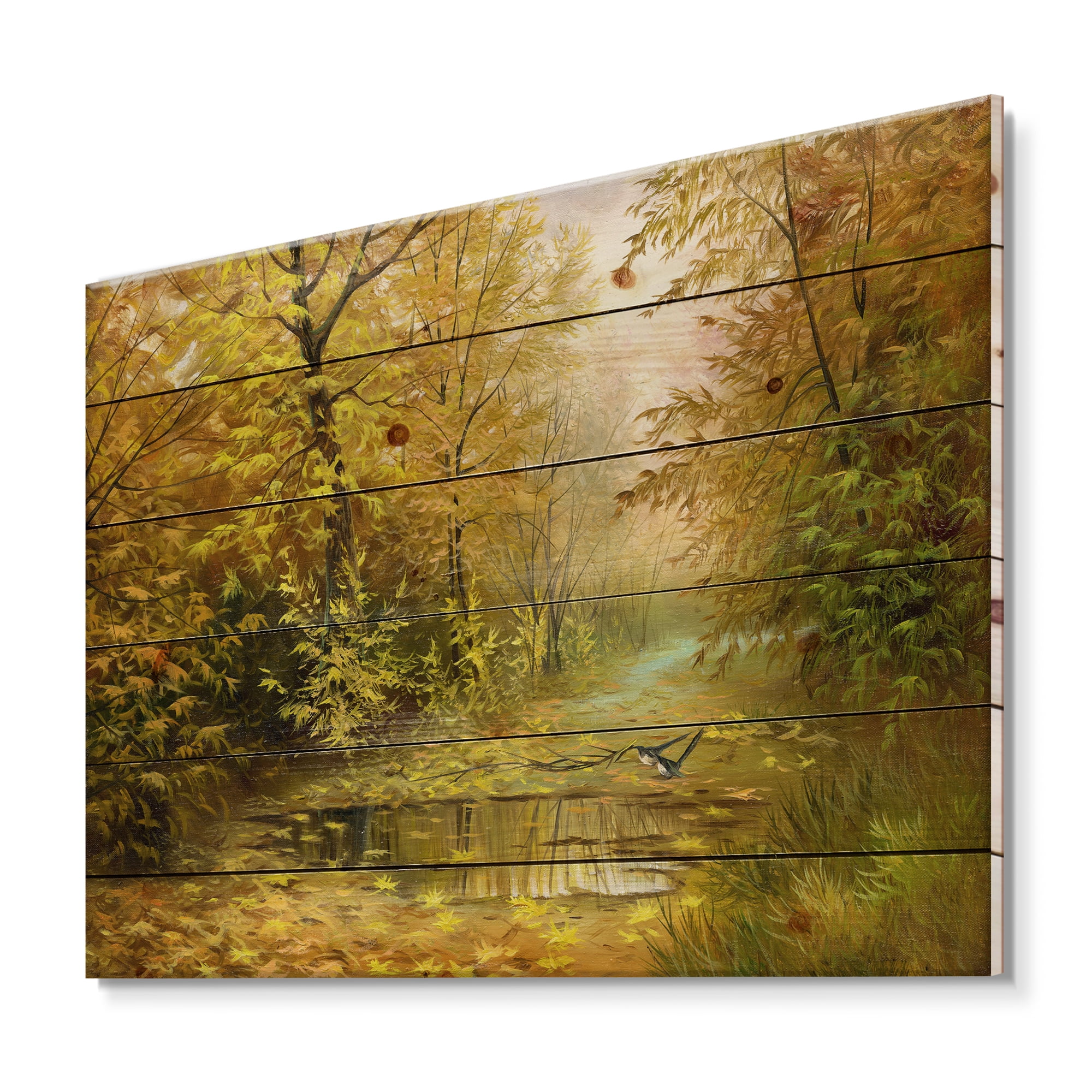 Designart 'Rain Water On Road In Yellow Woodlands' Country Print on Natural Pine Wood