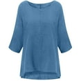 thumbnail image 3 of CHOK Soldes d'Hiver! Hauts pour Femmes Grande Taille Manches 3/4 Col Rond Volant Décontracté T-Shirts Amples Unis Été Automne Tunique Basique Chandail Blouses T-Shirts, 3 of 4