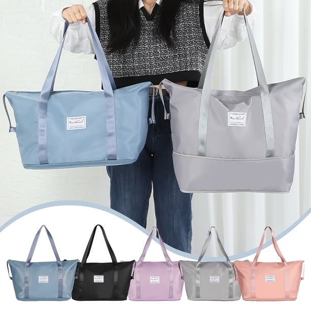 Bolso de viaje extensible grande con manga de troleley y bolsillo húmedo - Bolsa de mano para mujer de gimnasio de 43 cm - Rosa, azul, negro, gris morado