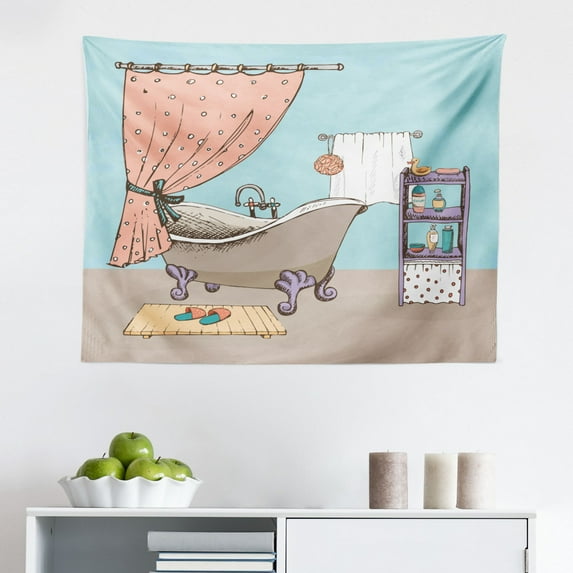 Vintage Tapestry, Retro Style Perfumeries Poster Design in Pastel Colors European Culture, Fabric Wall Hanging Decor for Bedroom Living Room Dorm, 2 Sizes, Pale Pink and Cream, by Ambesonne