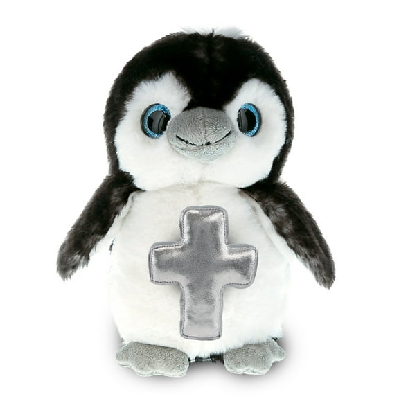 DolliBu Grey Penguin Stuffed Animal with Silver Cross Plush – Religious Baptism Gifts for Boys and Girls, Dedication Christening Gifts Plush Prayer Toy Healing Stuffed Animal - 9 Inch