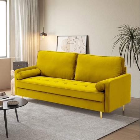 CASADEAR 67 inch Velvet Sofa with Pine Wood Frame, Spring & Elastic Rubber - Band Bottom, High-Density Sponge Cushions, and Metal Legs,Yellow