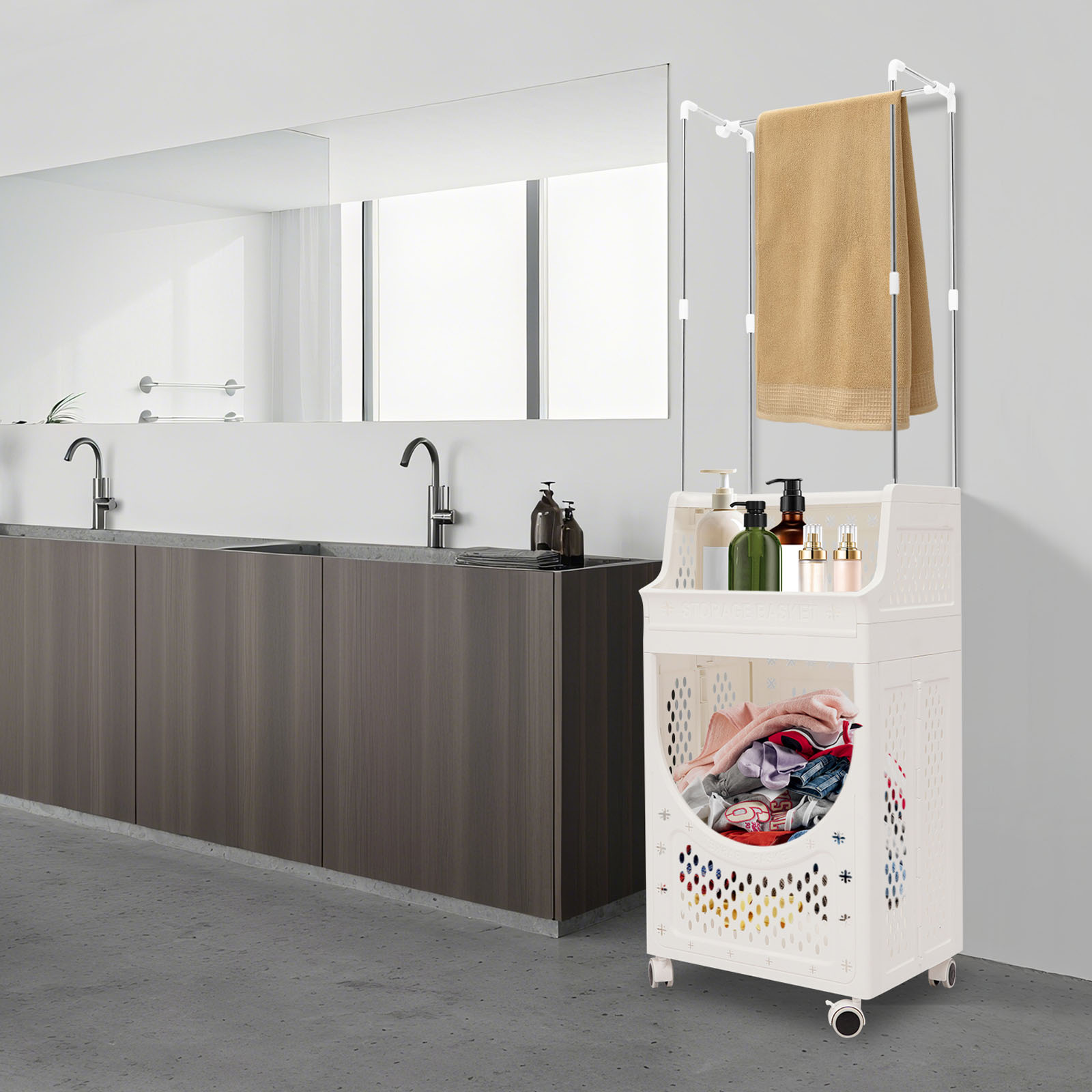 3-Tier Laundry Basket with Wheels Laundry Hamper Cart with Clothes Rack Dirty Clothes Hamper for Bathrooms