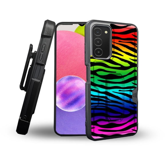 ANJ  Rugged Shockproof Holster Case Card Slot Kickstand   Tempered Glass Cover for Samsung Galaxy A03s - Rainbow Zebra
