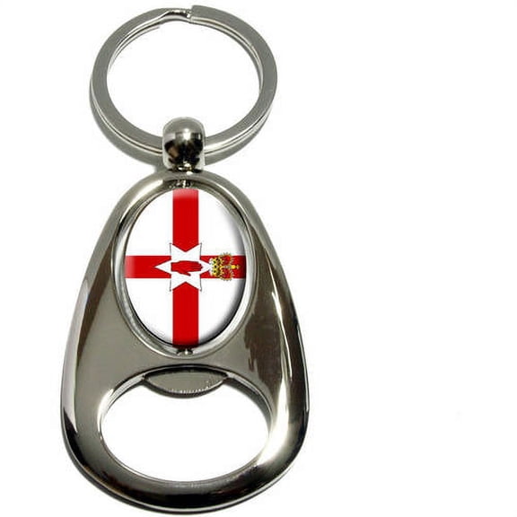 Northern Ireland Flag, Ulster Banner, Chrome Plated Metal Spinning Oval Design Bottle Opener Keychain Key Ring