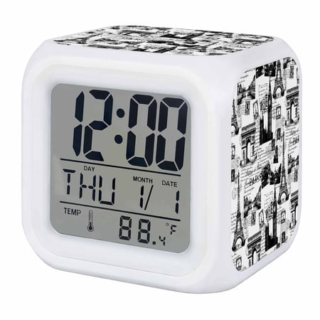 Alarm Clocks Eiffel Tower Digital Clock 7 Color LED Night Light Silent Non-Ticking Battery Operated Black France Paris Travel Landscape Cube Clocks for Bedroom Bedside Living Room Office School