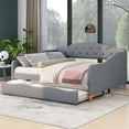 thumbnail image 3 of Elegant Vintage Upholstered Full Size Daybed with Button Tufted Backrest, Wood Day Bed for Office/Living Room/Bedroom, Sturdy Slats Support Sofa Bed with Trundle for Teens, 3 of 9