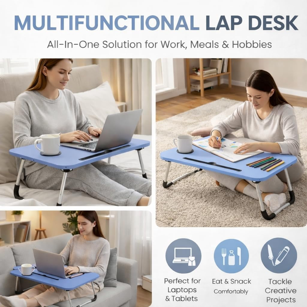 WSA Foldable Lap Desk with Drawer & Cup Holder, 23.6” Portable Laptop Bed Tray Table with Tablet Slot, Non-Slip Laptop Desk for Bed Couch Sofa, Working Writing Eating Breakfast (Blue)