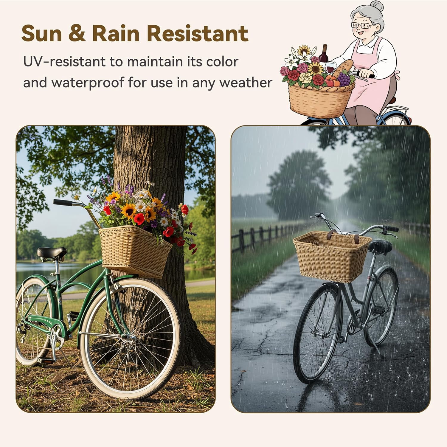GRANNY SAYS Bike Basket, Wicker Basket for Bike, Hand-Woven Bicycle Basket, Detachable Wicker Front Handlebar Bike Basket
