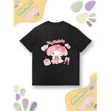 Sanrio My Melody Graphic Short Sleeve T-Shirt - Cute Cartoon Print Round Neck Casual Top, Soft Pink with Hearts & Bows, Machine Washable for Spring Summer Fall, Holiday Gift, Daily Comfort, Playful D