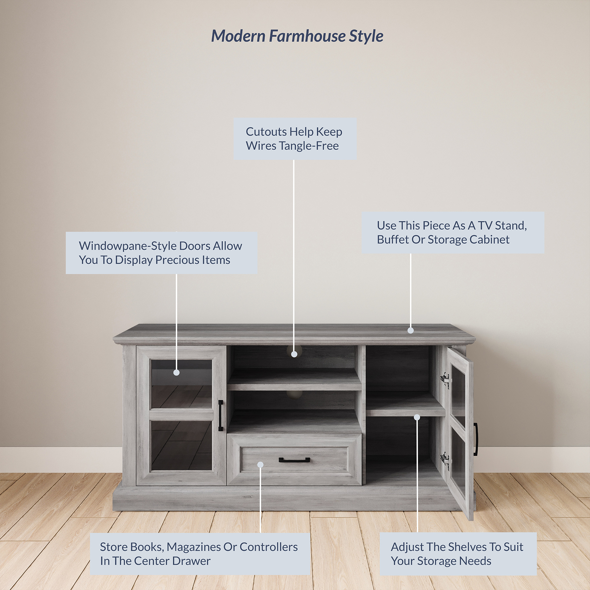 BELLEZE Rustic Modern TV Stand - Trussati (Gray Wash) - image 3 of 7