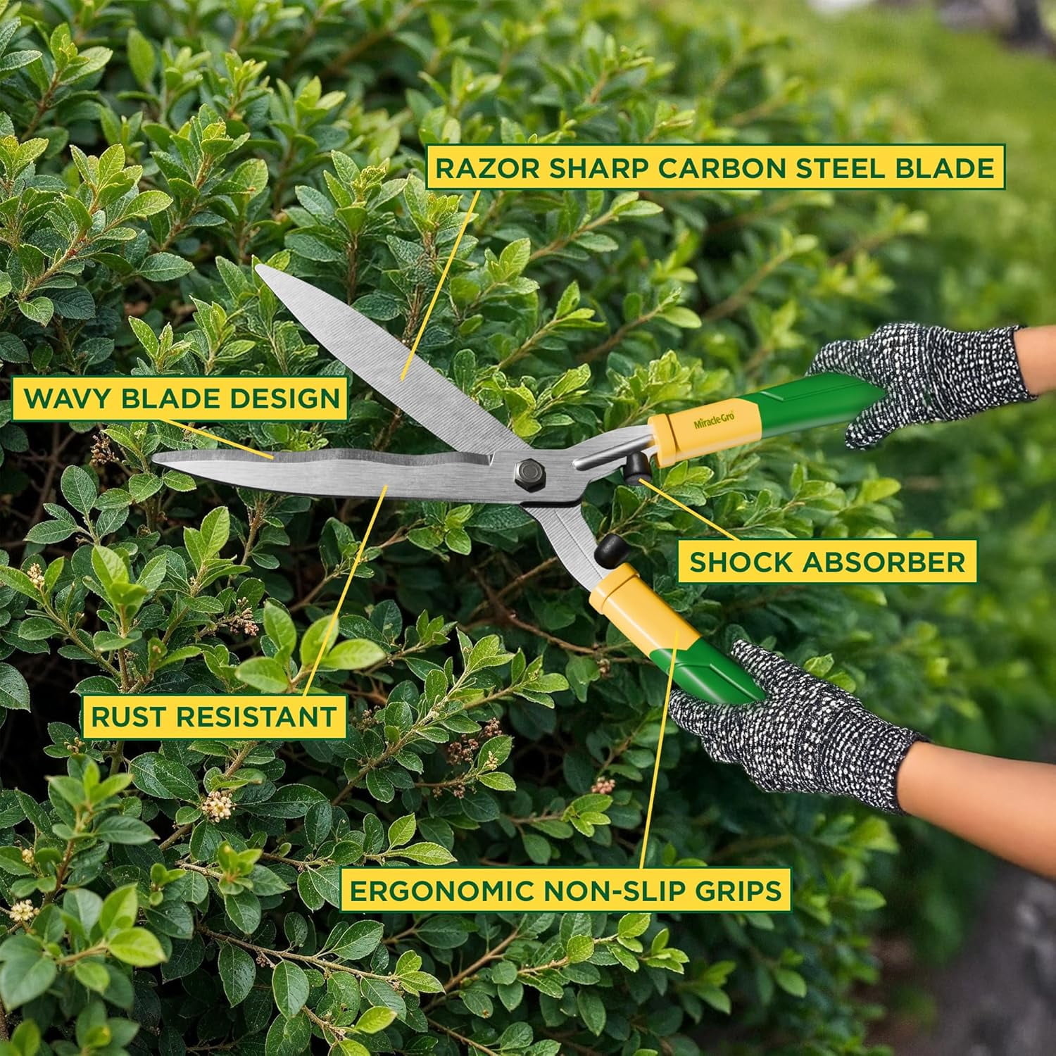 Miracle-Gro 18 in. Wavy Blade Hedge Shears – Carbon Steel Blades for Trimming