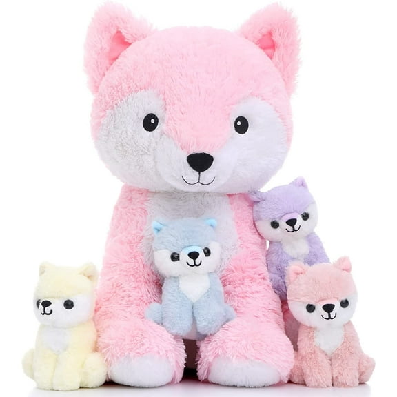 MaoGoLan 5Pcs 20" Mommy Fox Stuffed Animals Plush Toys Fox with 4 Fox Babies