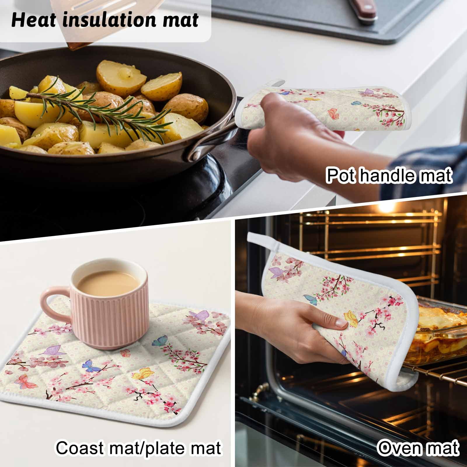 Cherry Blossoms Plant Pot Holders for Kitchen Heatproof Potholder, 3 Pack Pink Floral Butterfly Leaves Hot Pads Multipurpose Oven Pads Cloth Potholders Trivet for Cooking Baking