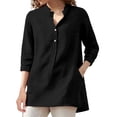 thumbnail image 2 of Conairie Womens Linen Shirts Short Sleeve Regular Fit Collar Button Shirts Solid Lightweight Soft Basic Work Tee Vacation Clothes Black L, 2 of 9
