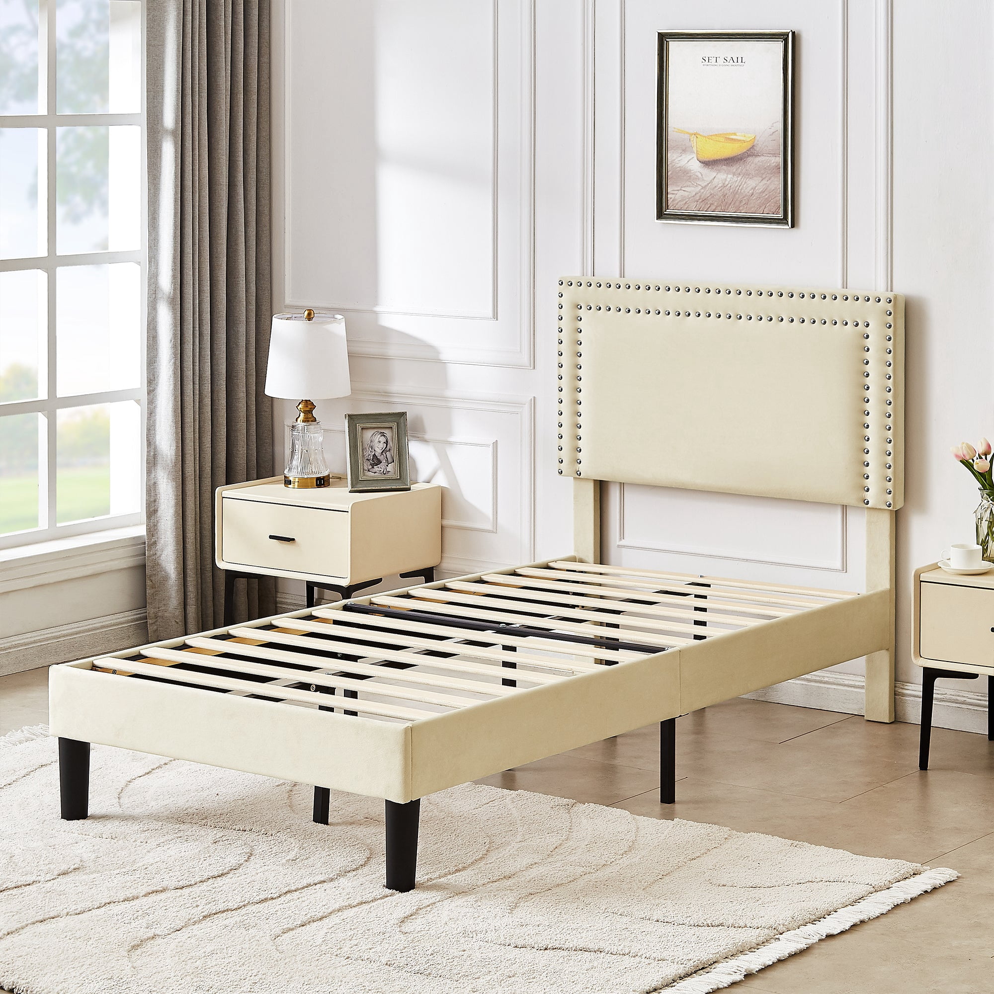 Katkuca Twin Bed Frame, Upholstered Queen Size Platform Bed Frame with Adjustable Headboard, Strong Wood Slat Support, No Box Spring Needed, Beige