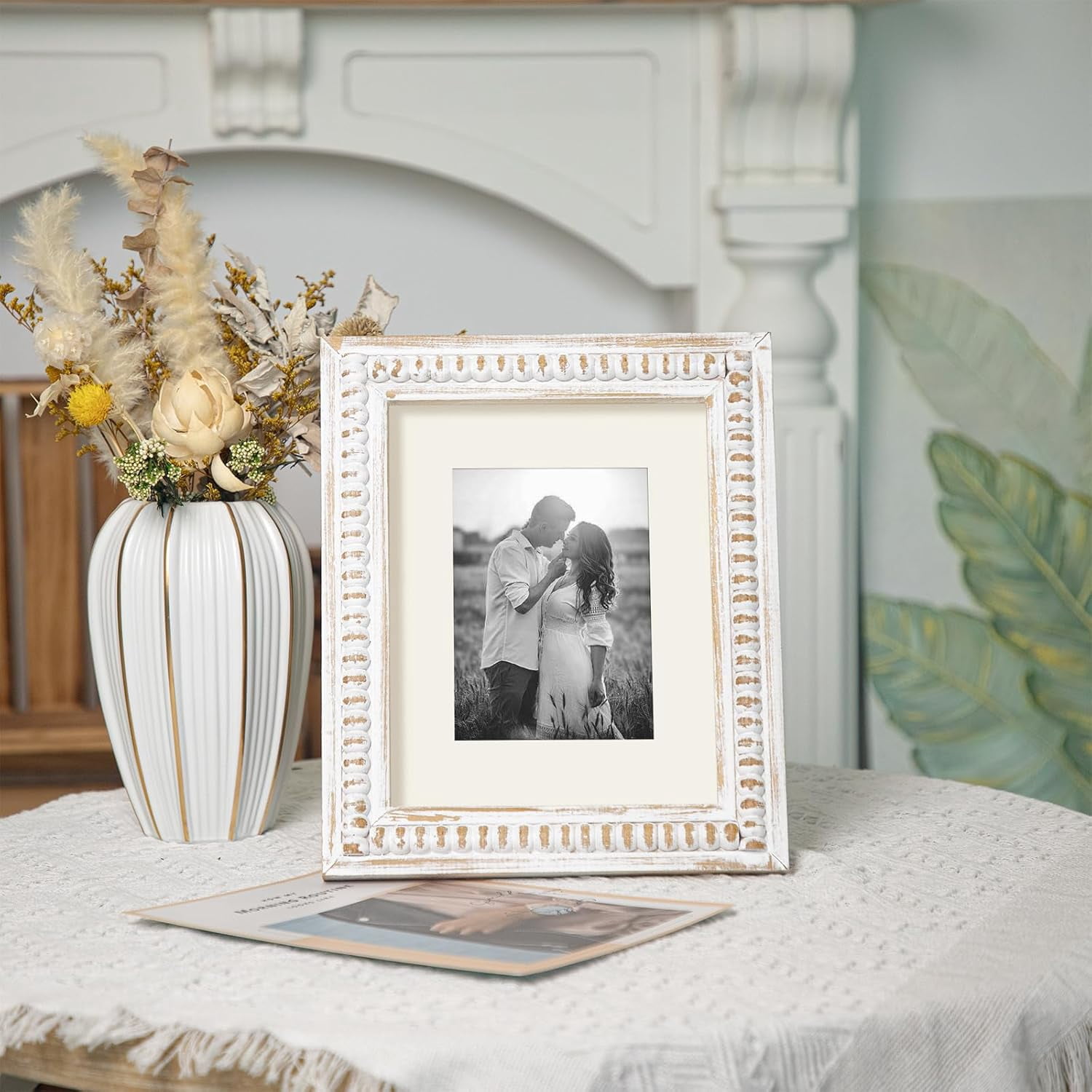 MODE HOME White 8x10 Picture Frame with Mat for Displays 8x10 and 5x7 Photos, Farmhouse Picture Frames with Wooden Beaded Design, White 8 by 10 Picture Frame for Tabletop Home Decor