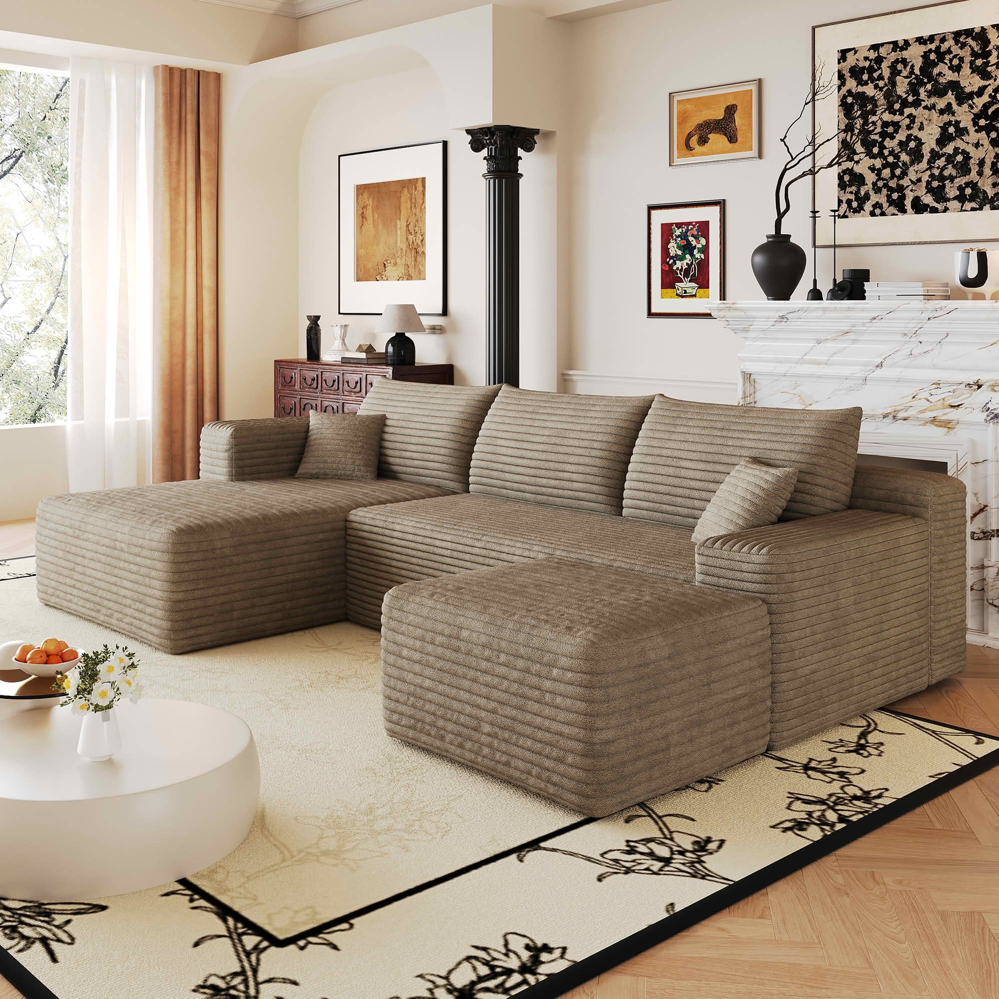 MAYEERTY 103 Inch L‑Shaped Cloud Sectional Sofa with 1 Ottoman, Modern Minimalist Deep‑Seat Corner Couch, Plush Corduroy Upholstered Reversible Sofa, No‑Assembly Required for Living Room Apartment
