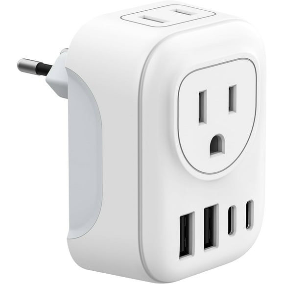 European Travel Plug Adapter, International Power Plug with 2 AC Outlets 4 USB Ports(2 USB C), Type C Travel Essentials Charger for Canada to Most of Europe EU Italy Spain France